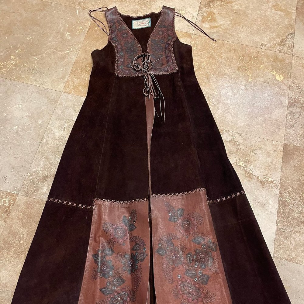 Vintage 60s 70s Char Hand Painted Long Leather Suede Vest Jacket Duster - Size M
